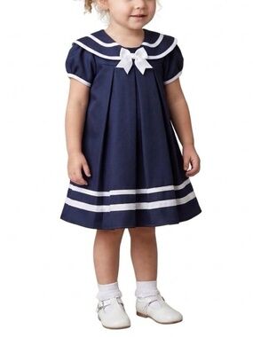 Rare Editions Toddler Girls Navy Sailor Dress Sz 24M  White Bow Nautical Party